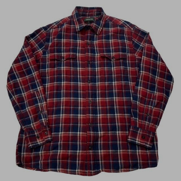 Orvis Shirt Mens Size Medium Red Plaid Active Fit Twill Button Up Long Sleeve - Picture 1 of 9